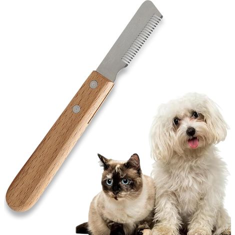 Couteau de toilettage pour chien avec manche en bois et dents en acier inoxydable pour le toilettage et l'élimination des poils morts pour les poils courts et les soins quotidiens (1/5)