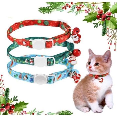 Collare per gatti - Natale - 3 pezzi - Rosso, Blu, Verde - Con campanellino e ciondolo - Regolabile (1/4)