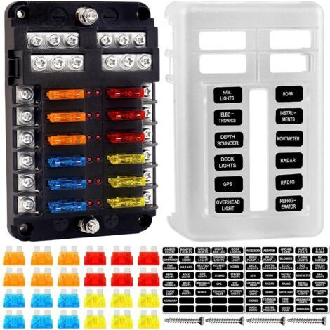 Blocs Fusible Lame ATC/ATO, Porte Fusible Voiture, Boîte Fusibles Voiture 12 voies avec Indicateur de Bus Négatif pour Voiture, Bateau, Fourgonnette, SUV (1/5)