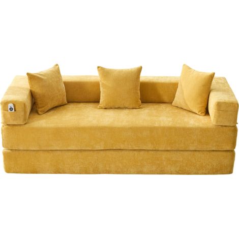 Canapé modulaire en tissu jaune moutarde, ultra doux, avec poches latérales, base antidérapante et montage zippé, pour salon ou espace jeux - CHICFURN (1/5)