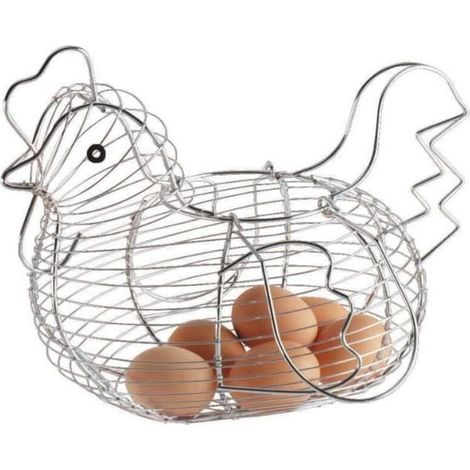 Panier à œufs - Poule en métal argenté - Rangement classique - Décor rustique - Collecte d'œufs frais