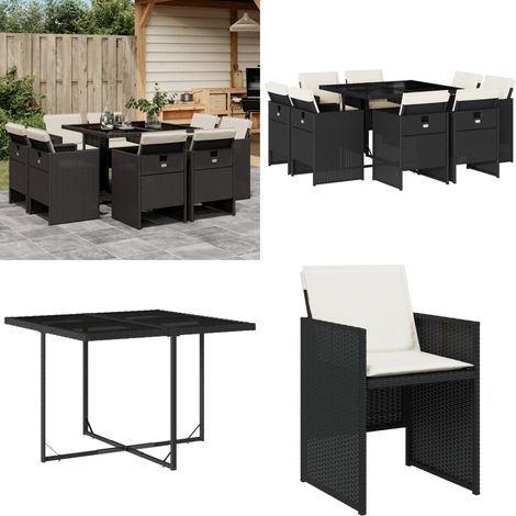 Set da Pranzo da Giardino 9 pz con Cuscini Nero in Polyrattan - Sedie da giardino - Tavolo da giardino