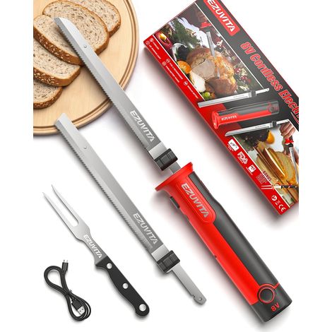 Couteau Électrique sans Fil 8V, Couteau Cuisine Électrique avec 2 Lames, Fourchette, Batterie Remplaçable 2000mAh, Lavable au Lave-vaisselle, Couteau à Pain Électrique pour Viande, Pain—Rouge (1/5)