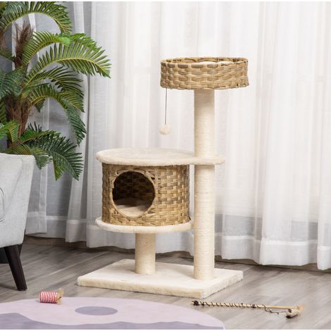 Albero tiragraffi in rattan con nicchia e pallina, 55 x 47 x 95 cm, naturale e beige OKMYHOME (1/5)