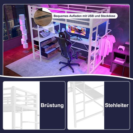 Lit minuit,90200cm,avec lumières LED,bureau,prise + USB,3 tiroirs,étagères,rampes,escaliers,sans matelas,blanc