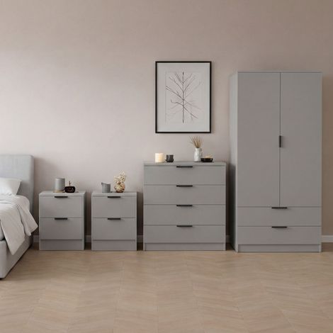 Trega 4pc Bedroom Furniture Set – 2x 2 Drawer Bedside, 4 Drawer Chest & 2 Door Wardrobe, Grey