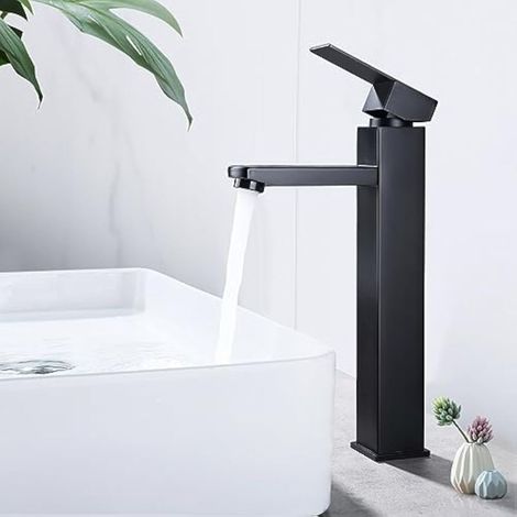 High Bathroom Faucet Black Single Lever Sink Mixer Tap Hot and Cold Water Basin Faucet Hand Wash Faucet Stainless Steel (1/5)