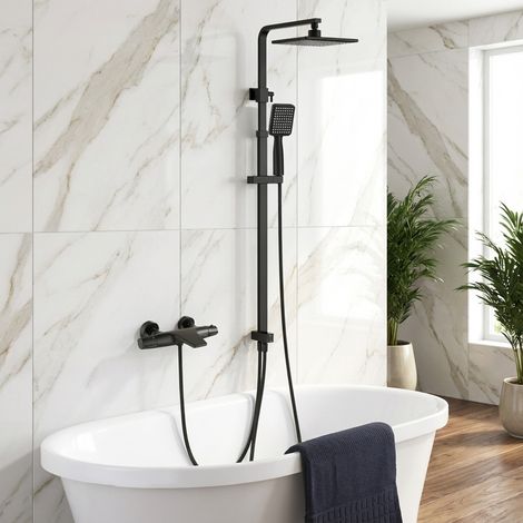 Colonne de Douche Noir avec Mitigeur Thermostatique Cascade, Ensemble Douche en Laiton pour Baignoire, Hauteur Réglable Sans Percement Supplémentaire (1/5)