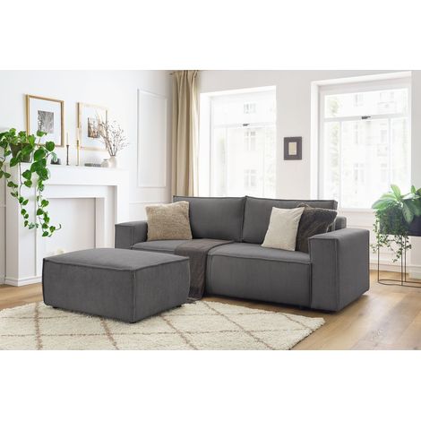 BOBOCHIC - Canapé droit convertible coffre NIHAD velours côtelé avec pouf Gris foncé (1/5)