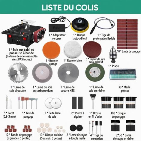 SCIE DE TABLE ET PONCEUSE À BANDE 200W, 4500TR/MIN, 7 VITESSES, SCULPTURE PERÇAGE, ACCESSOIRES COMPLETS (1/5)