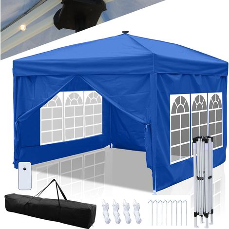 SWANEW Tenda pieghevole per feste Pergolato da giardino Tenda pieghevole protezione UV per esterni, campeggio con pannelli laterali 3x3m Blu con luce a led solare (1/5)