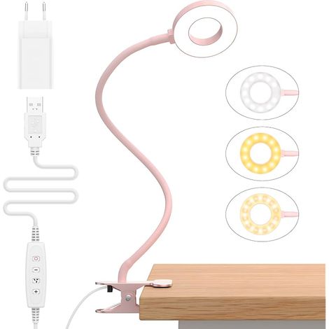 10W Lampe de Bureau à Pince avec Adaptateur USB[3 Modes d’Éclairage &10 Niveaux de Luminosité] Flexible à 360°Lampe Lecture Clipsable, 40CM Lampe Bureau Led pour Maison/Bureau (1/5)