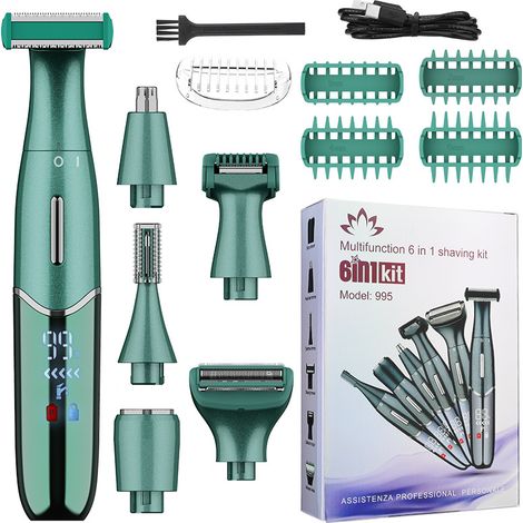 Rasoir Electrique Femme, 6 en 1 Rasoir Sans Fil pour femmes, pour Visage, Bras, Jambes, Aisselles, Bikini, Affichage LED, IPX6 étanche et USB rechargeable, vert (1/5)