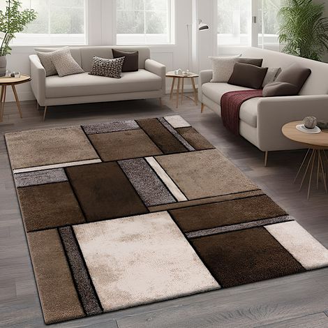 Paco Home – Tapis shaggy à carreaux gris marron beige 80x300 cm – 100% polypropylène – Hauteur de poils 13 mm – Anti-salissures et adapté au chauffage par le sol (1/5)