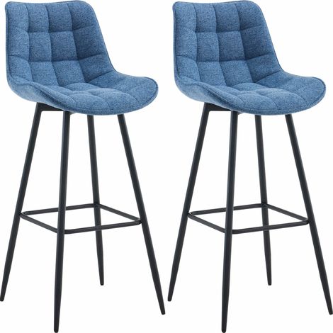 Juego de 2 taburetes de bar con costuras cuadradas decorativas y reposapiés de tela azul cuatro patas de metal 100006598