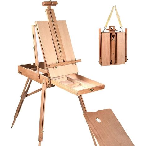 COSTWAY Caballete Madera con Estante Cajón/Caballete de Artista Plegable y Portátil , Madera de Haya/Caballete de Suelo para Lienzos Ajustable de Alto a 86 cm, 71 x 114 x 180 cm (1/5)