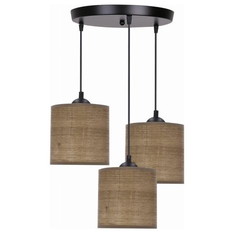 Suspension noire ronde abat-jour noyer 3xE27 Candellux Legno