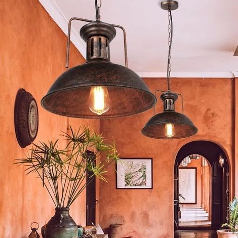 2PCS Rétro Lustre Suspension Fer Forge Industrielle Plafonnier Luminaire Style Vinatge avec Chaîne de Fer Noir pour Salon (1/4)