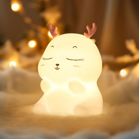 Luz nocturna para bebé con forma de ciervo, recargable, con 7 colores, lámpara de mesita de noche táctil de silicona [Clase energética G] (1/5)