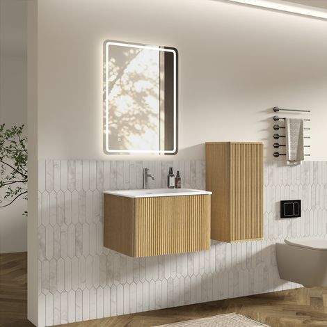 Ensemble meuble salle de bain miroir LED, meuble bas suspendu 60 cm vasque, miroir carré, colonne latérale, coloris chêne (1/5)
