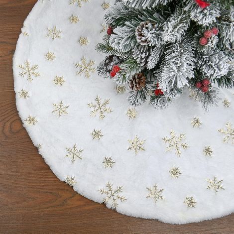 Jupe de Sapin de Noël, 78 cm/30 Pouces Tapis Sapin Noël Blanc Rond avec Flocon de Neige Paillettes dorées,Jupe de Sapin de Noël en Fausse Fourrure Blanche épaisse et Douce (1/5)