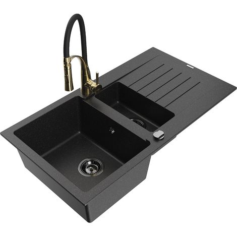 Mexen Matias lavello in granito 1,5 vasche con scolapiatti e miscelatore da cucina Aster, nero/argento - 6502-73-73450-57-B (1/5)