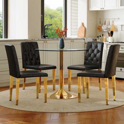 Conjunto de mesa y sillas de comedor redonda de vidrio 85 cm, 4 plazas, negro y dorado HAVRYA (1/5)