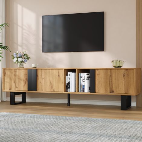 Mobile TV 160 x 40 x 50 cm con 3 ante, vani a giorno e piedi in ferro nero HAVRYA (1/5)