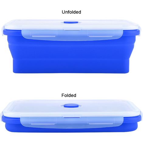 Zusammenfaltbare rechteckige Silikon-Lunchbox mit 1200 ml Fassungsvermögen, dunkelblauer mikrowellengeeigneter Lebensmittelbehälter, kompakter Speisebehälter. (1/5)