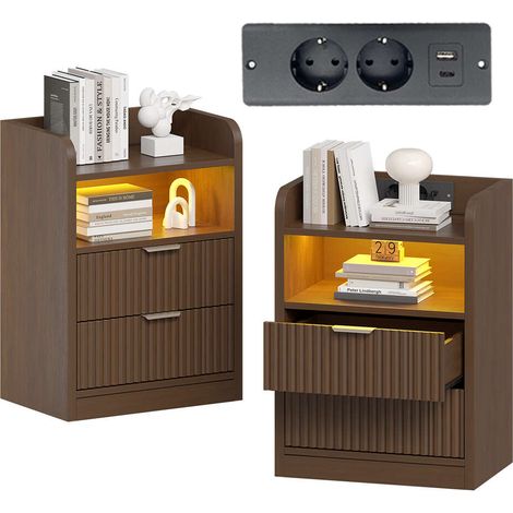 Table de chevet 2 pièces – charge USB et prise intégrée, rangement 2 tiroirs, éclairage LED – Couleur bois