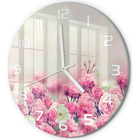 Horloge Murale Ronde Objet Décoratif en Verre Silencieuse pour Salon Fleurs de rosier sauvage fi 30 cm