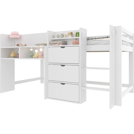 Lit mi-hauteur 90 x 200 cm, forme maison, plusieurs rangements, espace de jeu sous le lit, sans matelas, blanc (1/5)