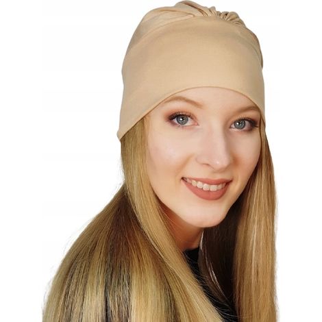 Turbante color nude de Jasmina, sombrero con volantes sin estampado, también después de la quimioterapia. (1/5)