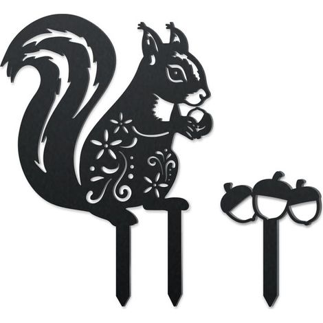 Décoration de Jardin en Métal Noir - Figurine Écureuil et Piquet Noisettes - Silhouette d'Art pour Extérieur, Pelouse et Bordure de Fleurs - Lot de 2 Pièces (1/5)