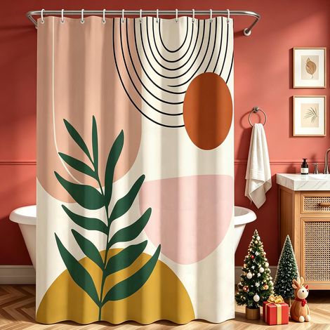Rideau de douche 160x160 cm avec motif feuilles, ourlet lesté anti-moisissure en textile, imperméable, lavable en polyester avec œillets et 12 anneaux de rideau pour salle de bain, baignoire (1/5)