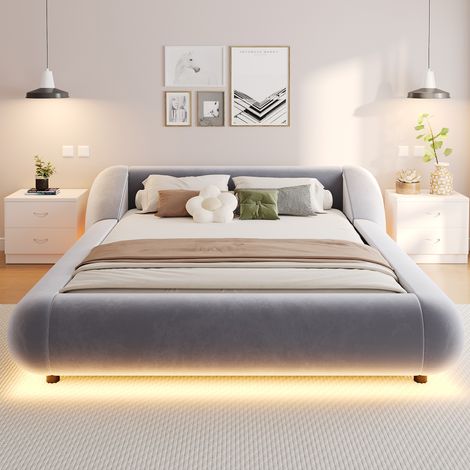 Lit Double Rembourré 140x200 cm avec LED, Effet Flottant, Tête de Lit Arrondie et Enveloppante, Sommier à Lattes, sans Matelas, Velours - Gris (1/5)