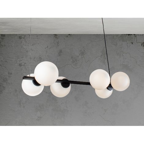 LED Pendelleuchte 6 flammig Schwarz & Opalglas Kugeln Weiß, Breite 80cm (1/5)