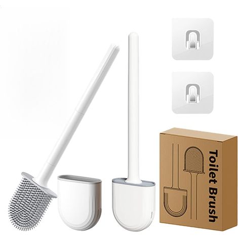 Lot de 2 brosses WC et porte-brosse WC en TPR flexible, montage mural, peu encombrant pour le rangement, anti-goutte, brosse WC pour salle de bain (blanc) (1/5)