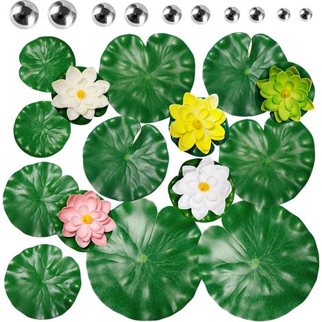 Set di 25 decorazioni per laghetto galleggiante, ninfee artificiali in schiuma EVA, fiore di loto galleggiante con foglia di ninfea e mini palline per laghetto, laghetto da giardino, acquario (1/5)