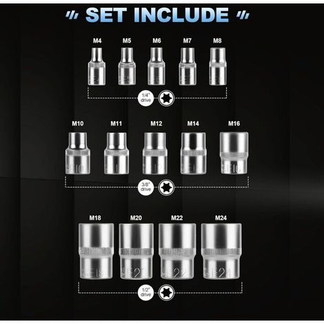 Torx-Innensechskant-Steckschlüsselsatz 1/4" 3/8" 1/2", Profil-Steckschlüssel E Torx E4, E5, E6, E7, E8, E10, E11, E12, E14, E16, E18, E20, E22, E24 mit Koffer Nr. (1/3)