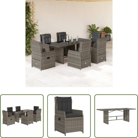 vidaXL Gartentisch - 7-tlg. Garten-Essgruppe mit Kissen Grau Poly Rattan (1/5)
