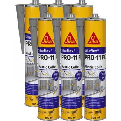 Mastic-colle Sikaflex PRO 11 FC – 6 cartouches 300 ml – Prise rapide – Pour collages souples soumis aux chocs – Ton gris (1/2)