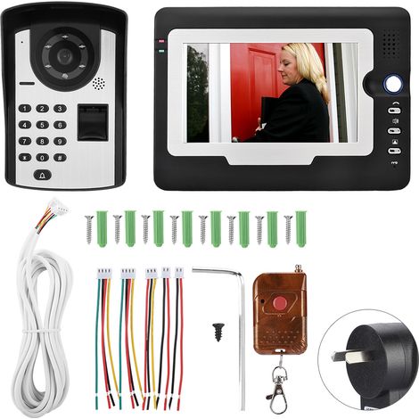 Kit Interphone Vidéo 7 Pouces avec Sonnette Filaire, Déverrouillage par Mot de Passe et Empreinte Digitale, Alimentation 110-240V Compatible AU (1/5)