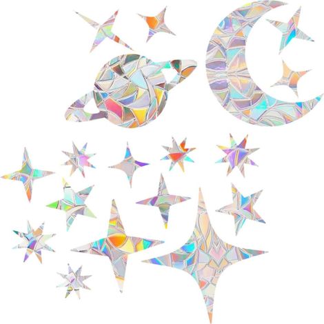 Autocollants de protection contre les oiseaux pour fenêtre Motif arc en ciel Étoiles et lune Avec effet prisme Pour vitres en verre Film anti collision transparent