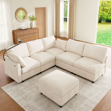 Canapé d’angle modulable convertible 6 places 218x157 cm, configuration U/L, pouf mobile, USB/USB-C 24W, support téléphone, chenille beige (1/5)
