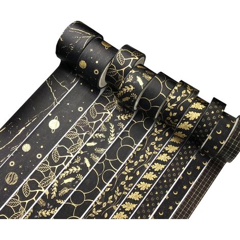 Une boîte de 9 volumes de ruban adhésif « ciel étoilé » dessiné à la main, avec des motifs de ciel noir, or chaud et argent.