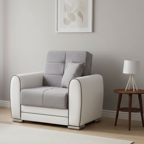 Dmora - Canapé Dcont, Fauteuil conteneur pour le salon, convertible en lit, Fauteuil relax en tissu rembourré, 97x84h91 cm, Blanc et Gris clair (1/5)