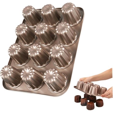 Moules à cannelés antiadhésifs en acier au carbone BakeJoy, 12 cavités, 34,8 x 26,4 cm, pour cannelés, pain, muffins et gâteaux. (1/5)
