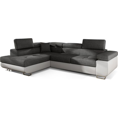 Canapé d'angle convertible simili cuir et tissu MARKA - Coffre et appuis-tête réglables angle gauche-Blanc/Gris foncé-angle gauche (1/5)