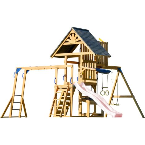 Axi Mitch Aire De Jeux En Bois Avec 2 Balançoires, Toboggan Rose Pastel / Extérieur, Bac À Sable, Trapèze/Mur D'Escalade  Portique